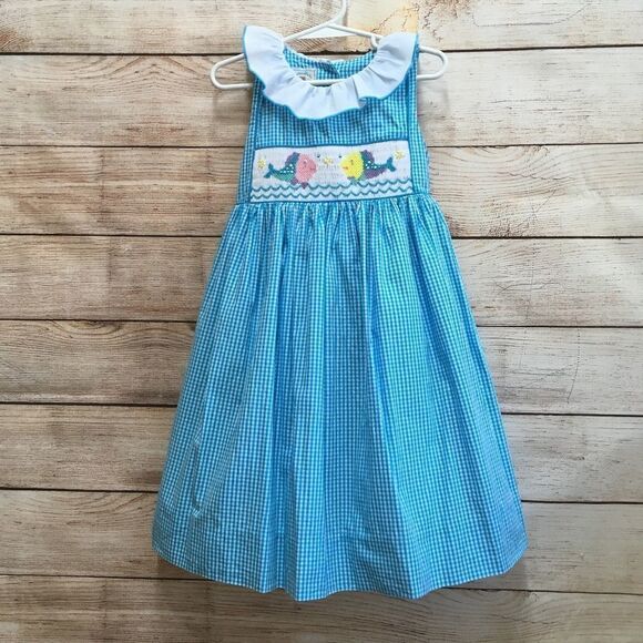 MARMELLATA SMOCKED GINGHAM DRESS WITH EMBROIDERED FISH‎ - Picture 1 of 10